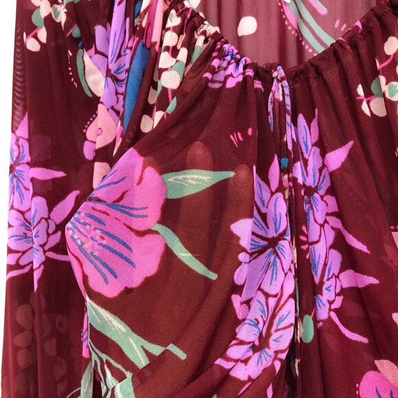 Free People Red Floral Piece Of Paradise Blouse Bell Sleeve Tie Front Crop Top S - Picture 12 of 16